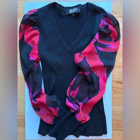 DKNY Black Sweater with Red Patterned Sheer Sleeves - Picture 2 of 4